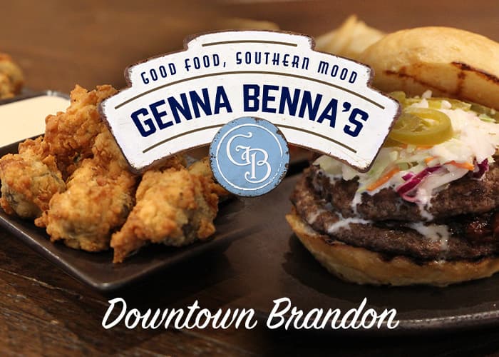 Fried food and burger. Text reads: Good Food, Southern Mood. Genna Benna's. Downtown Brandon.
