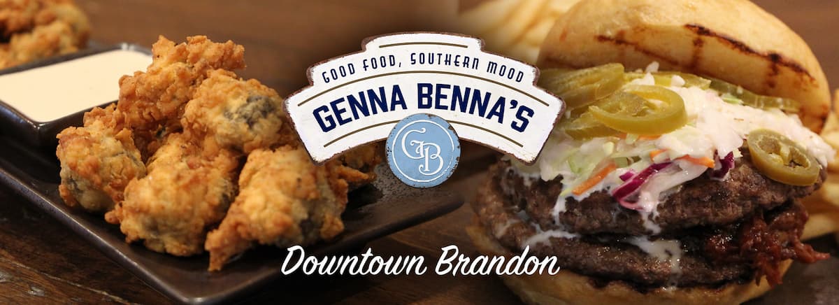 Fried food and burger. Text reads: Good Food, Southern Mood. Genna Benna's. Downtown Brandon.